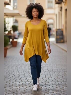 CARIBE yellow 3/4 Sleeve round Neck TUNIC TOP XL Pullover Asymmetrical Hem  NEW